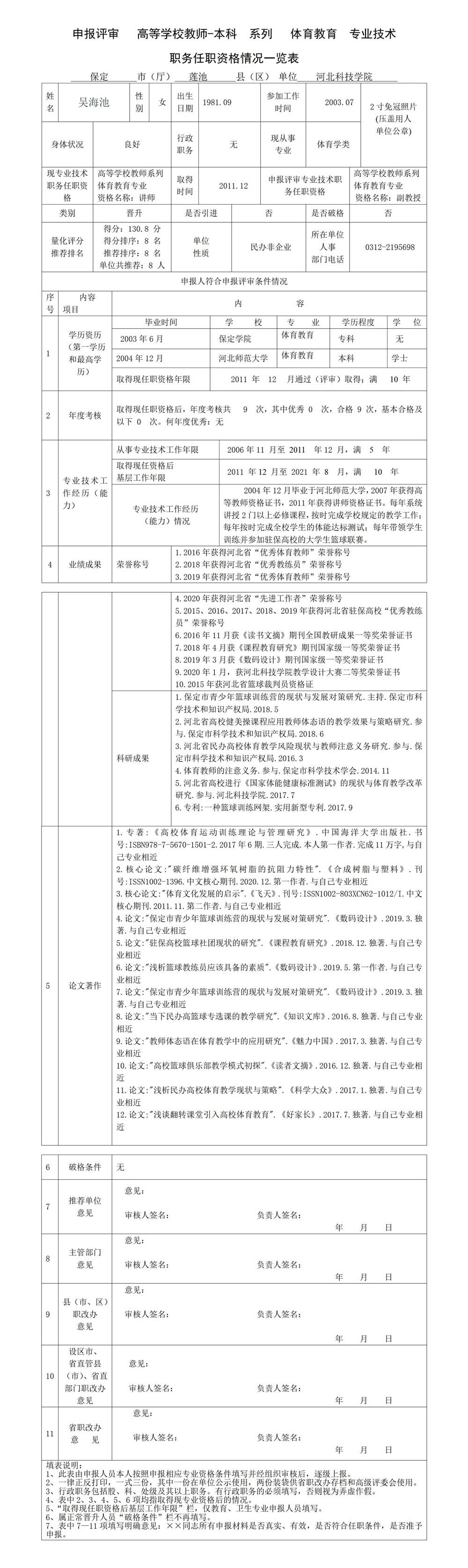 吴海池专业技术职务任职资格情况一览表